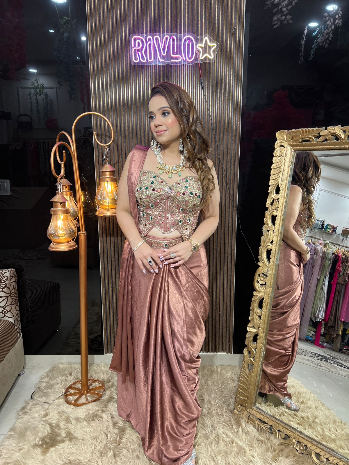 Rose Gold Royale Embellished Drape Saree AC117
