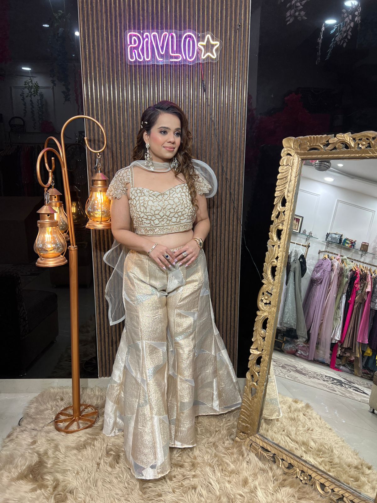 Gold Two Tone Palazzo Set with spiral dupatta RC636