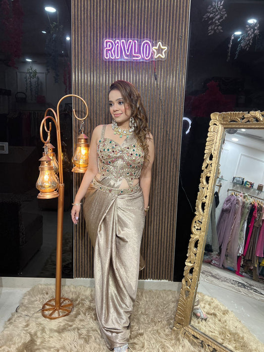 Champagne Royale Embellished Drape Saree AC116