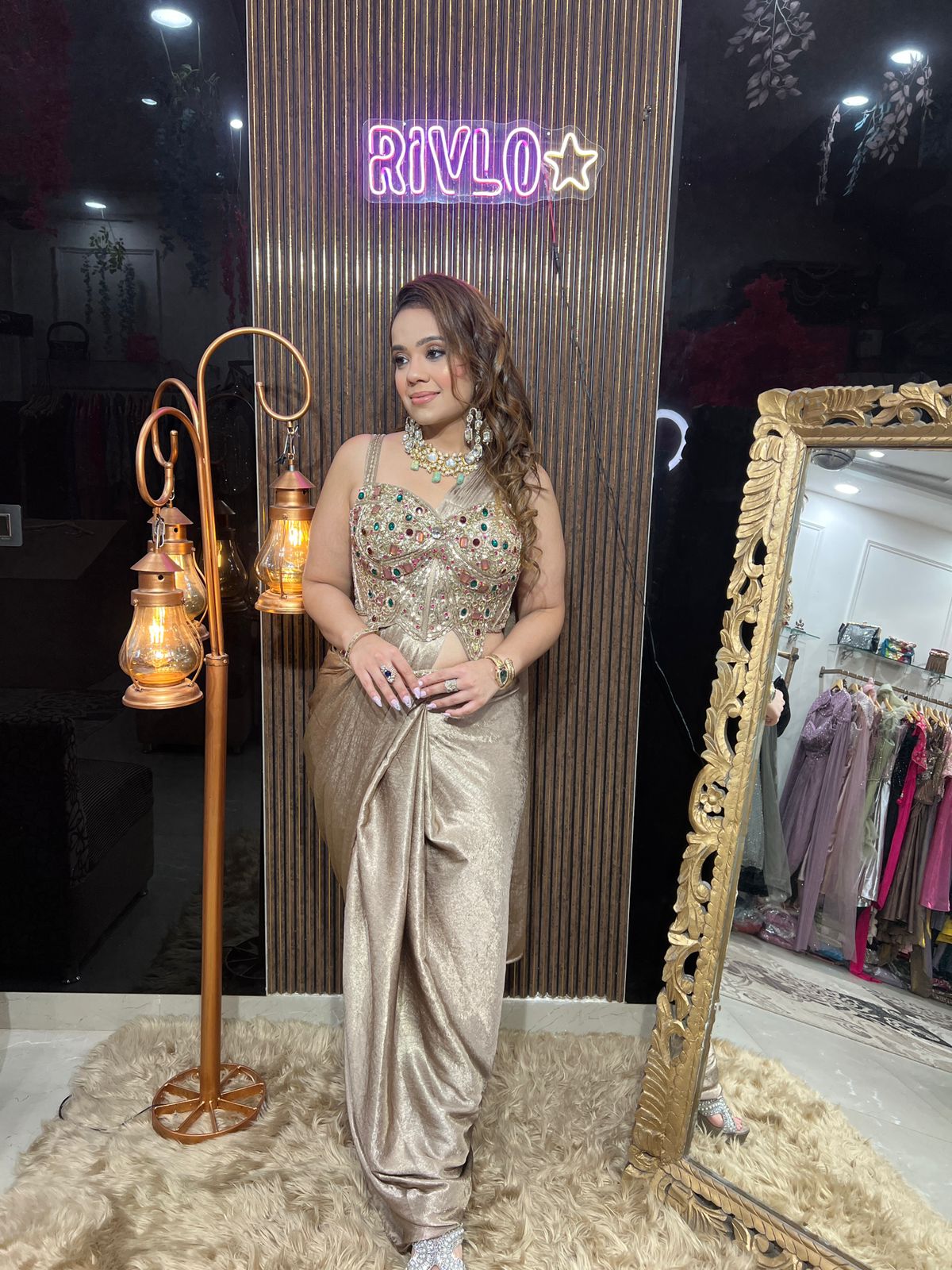 Champagne Royale Embellished Drape Saree AC116