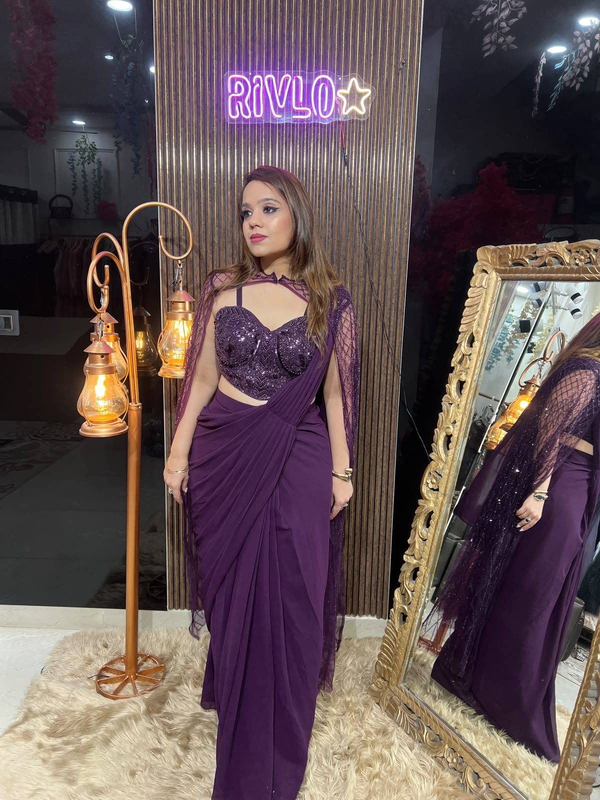 Midnight Plum N Black Drape Saree RC644
