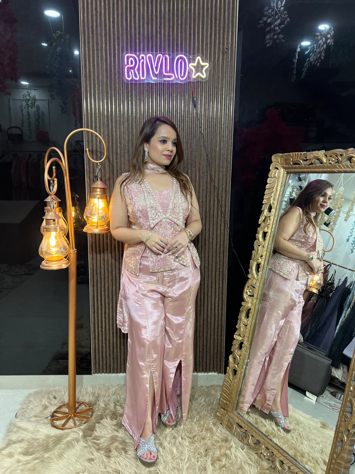 Sage Green N Pink Shimmer Embellished Co-ord Set RC640