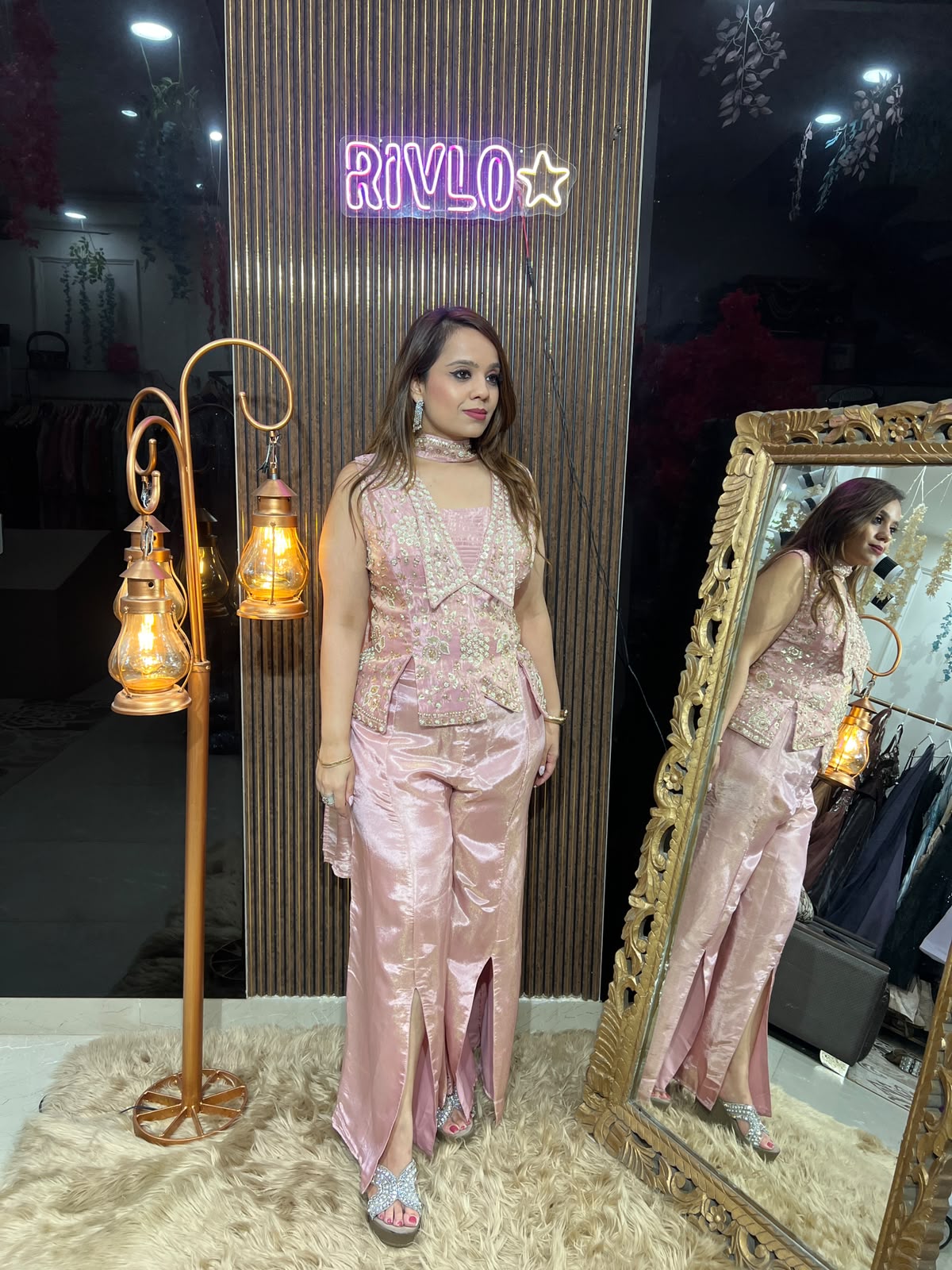 Sage Green N Pink Shimmer Embellished Co-ord Set RC640