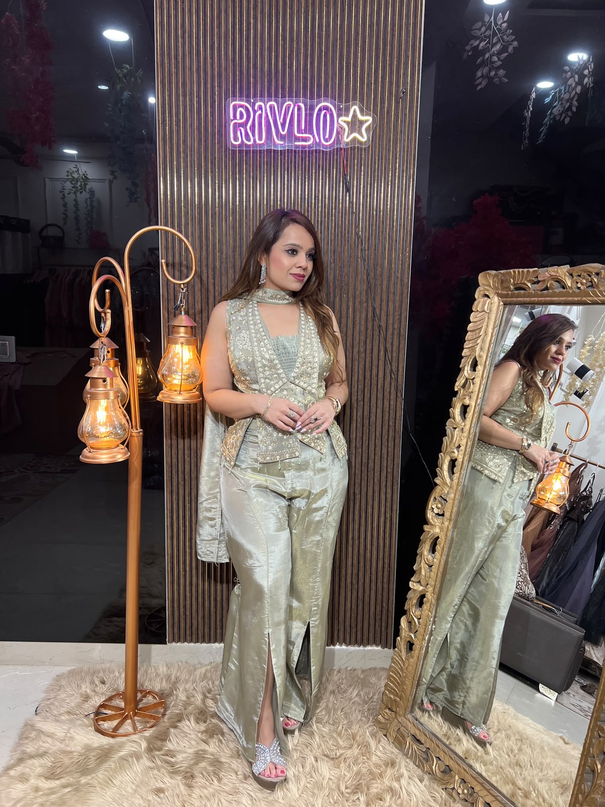 Sage Green N Pink Shimmer Embellished Co-ord Set RC640
