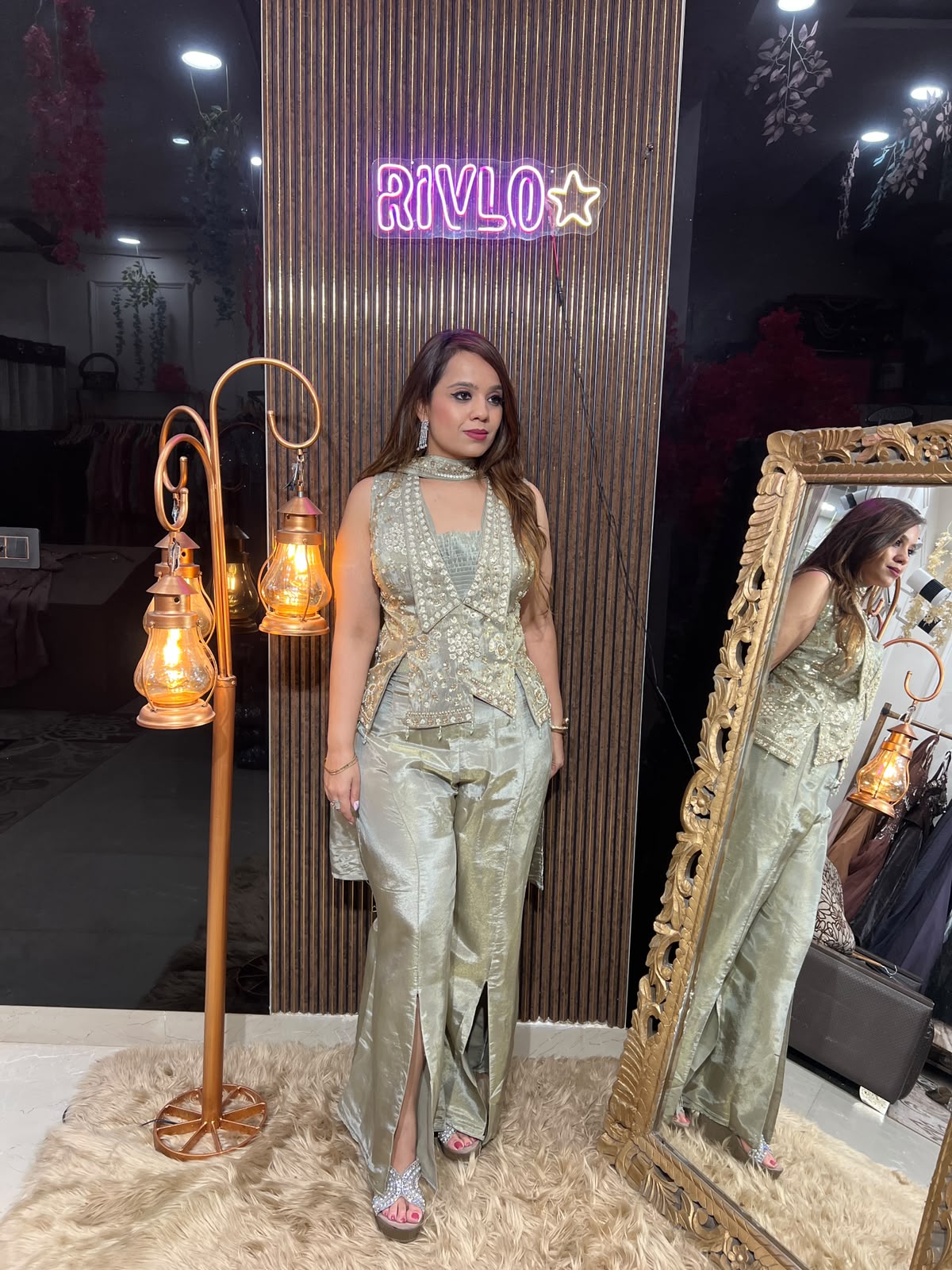 Sage Green N Pink Shimmer Embellished Co-ord Set RC640