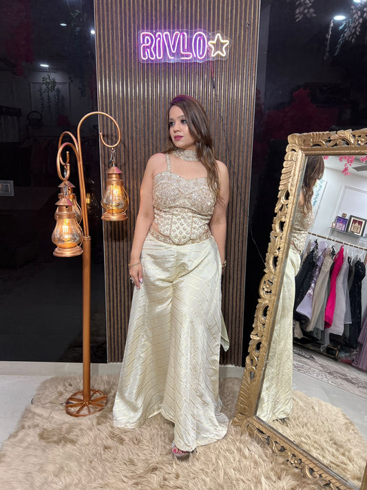 Peach,Green & Ivory Luxe Embellished Palazzo Set  RC645