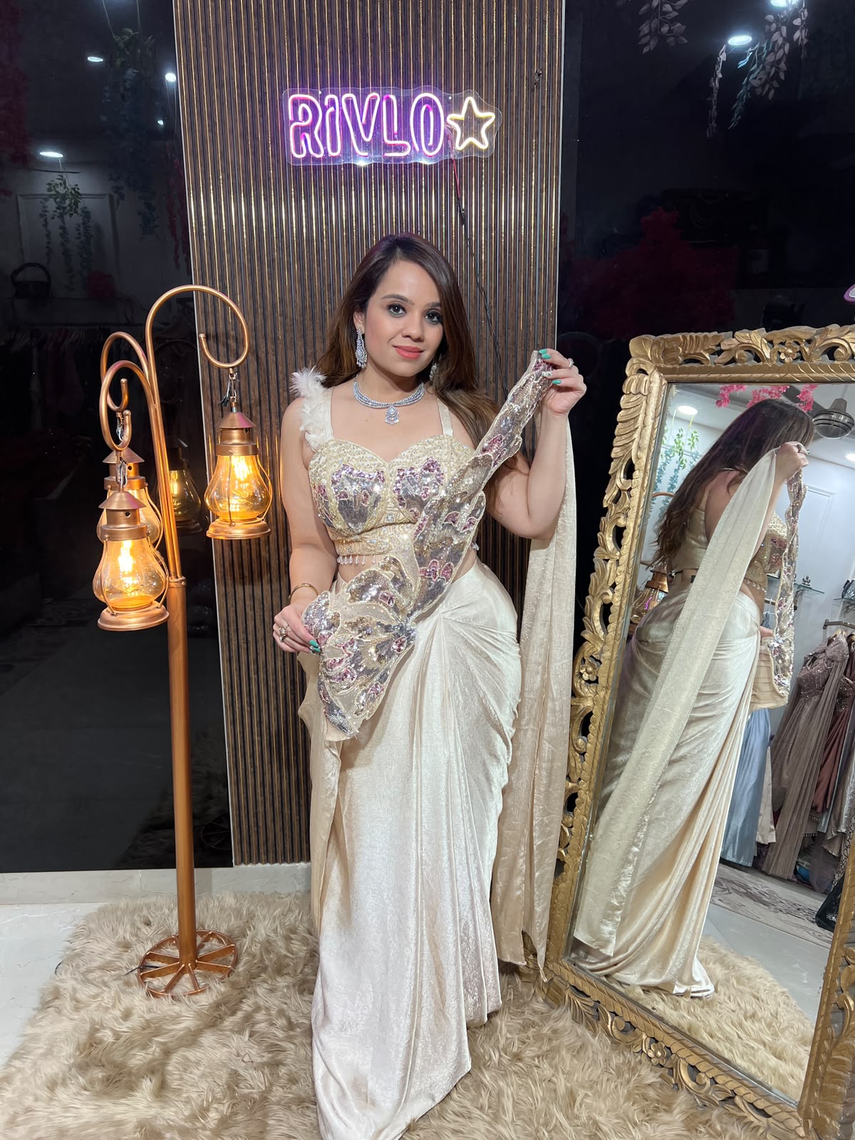 Ivory Sequin Drape Saree RC657