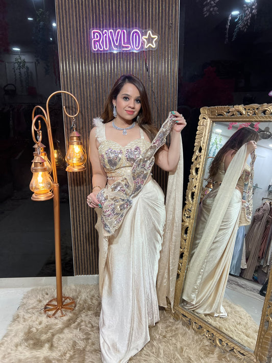Ivory Sequin Drape Saree RC657