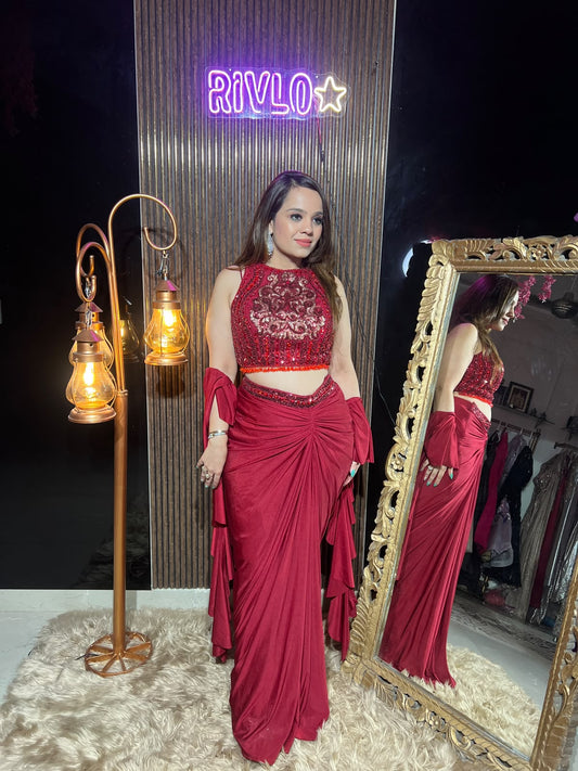 Ruby Embellished Golden Work Draped Saree Set RC662