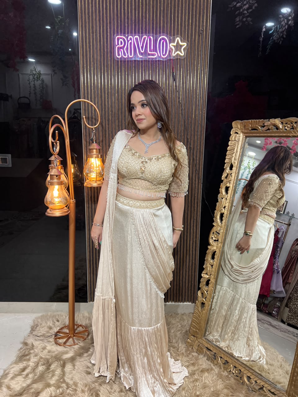 Sleeves Ivory Pearl , Lavender & bLACK Embellished Drape Saree RC667