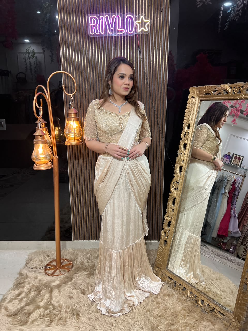 Sleeves Ivory Pearl , Lavender & bLACK Embellished Drape Saree RC667