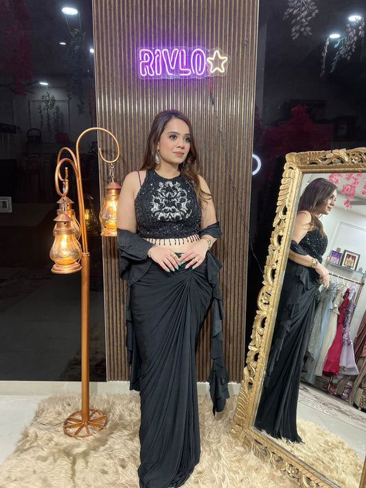 BLUE AND BLACK Embellished Golden Work Draped Saree Set RC663