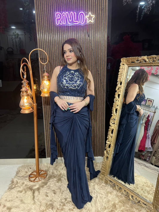 BLUE AND BLACK Embellished Golden Work Draped Saree Set RC663