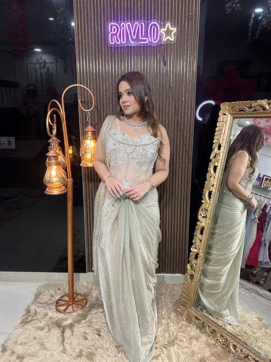 Champagne ,Gold & Pink Floral Embellished Draped Saree RC665
