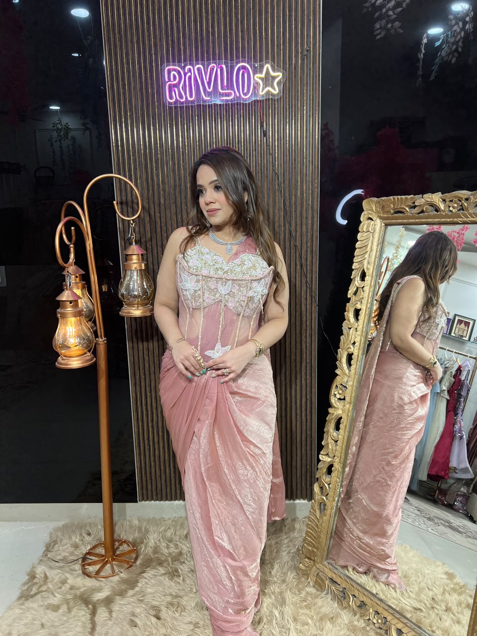 Champagne ,Gold & Pink Floral Embellished Draped Saree RC665