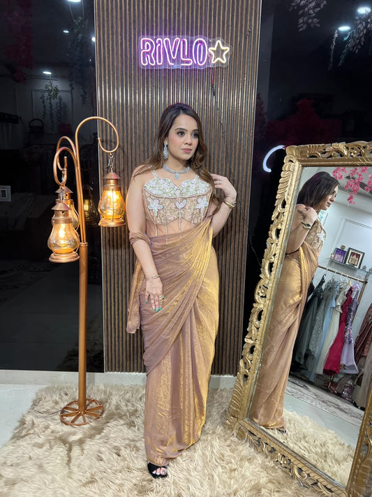 Champagne ,Gold & Pink Floral Embellished Draped Saree RC665