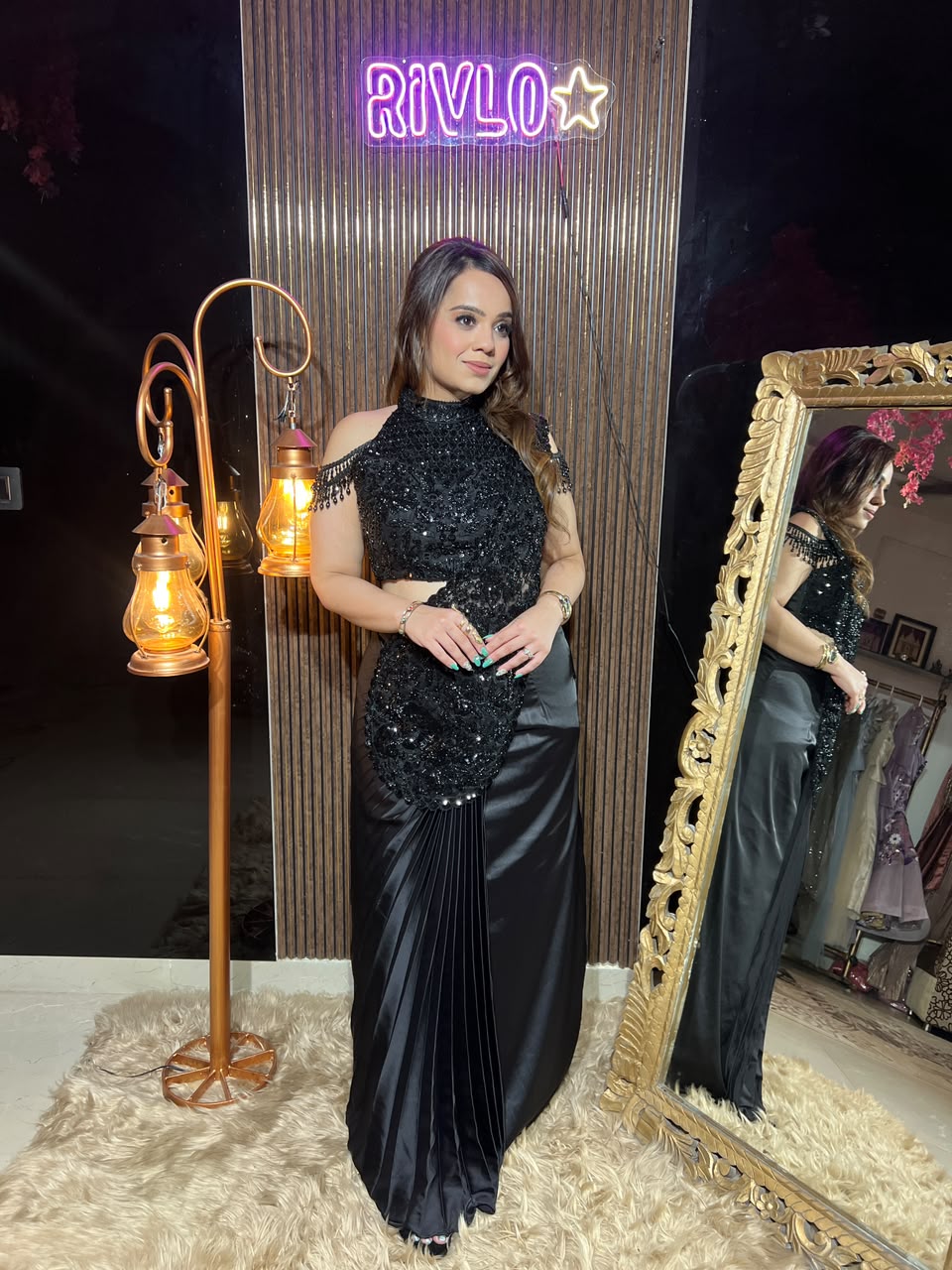 Ivory & Midnight Noir Embellished Drape Saree RC666