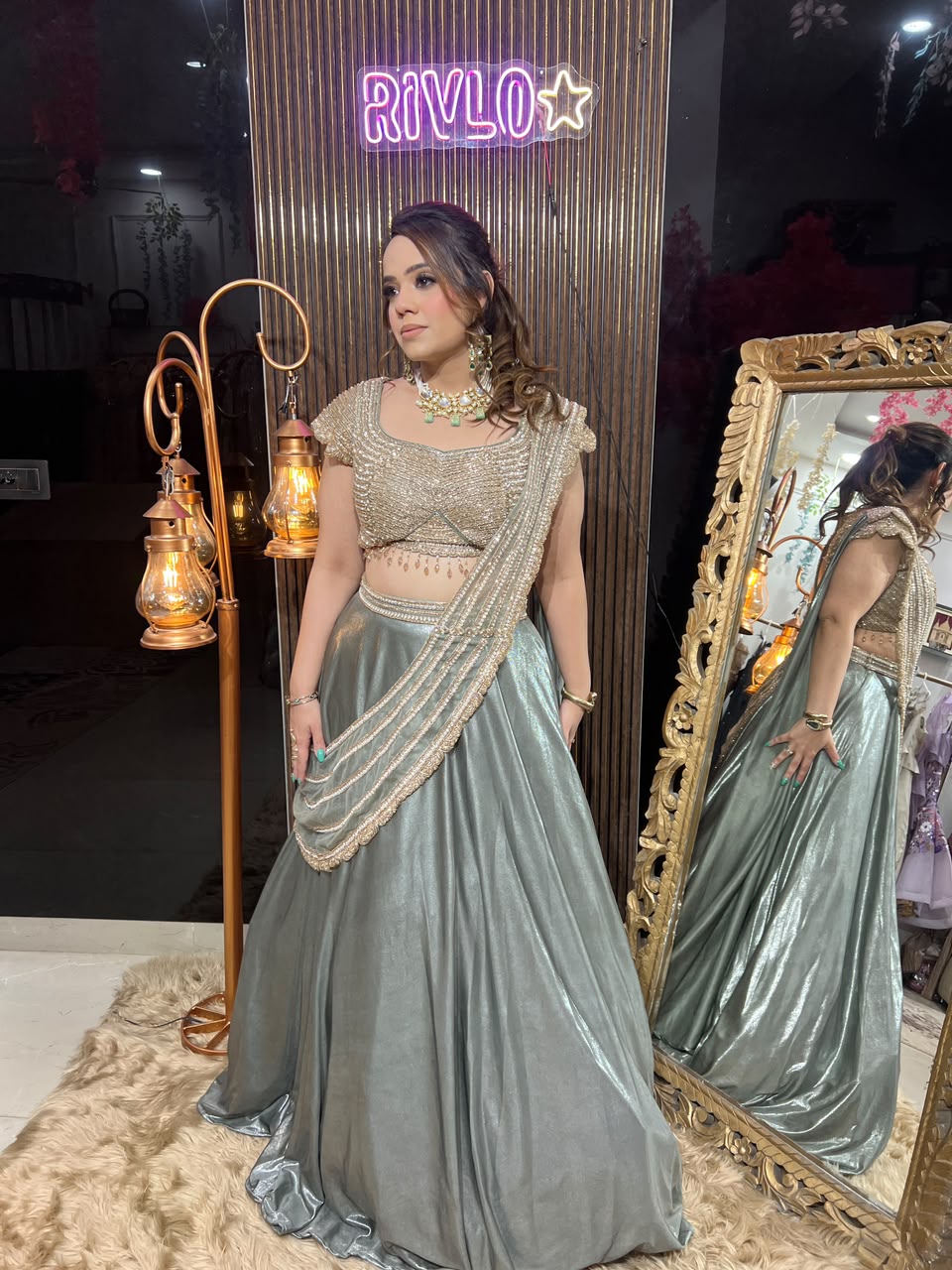 Green Drape Crop Top Lehenga Set AC129