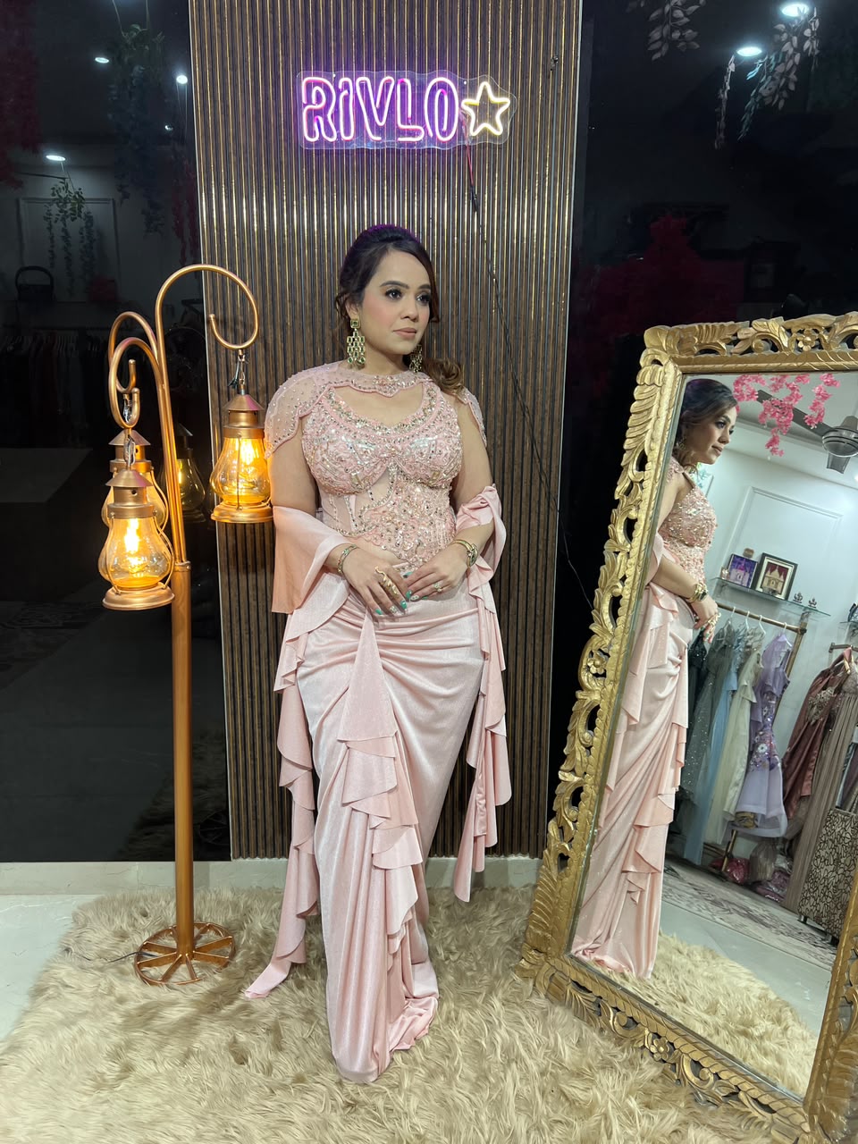 Blush Pink Luxe Cape Drape with Embellished Blouse AC133