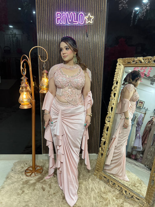 Blush Pink Luxe Cape Drape with Embellished Blouse AC133