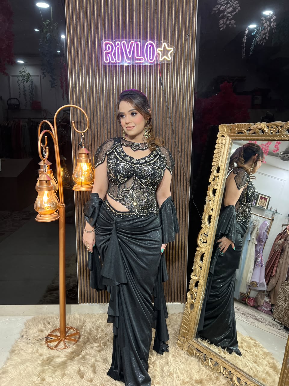 Noir Luxe Cape Saree with Embellished Blouse AC132