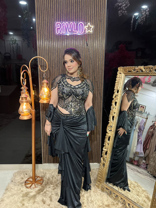 Noir Luxe Cape Saree with Embellished Blouse AC132