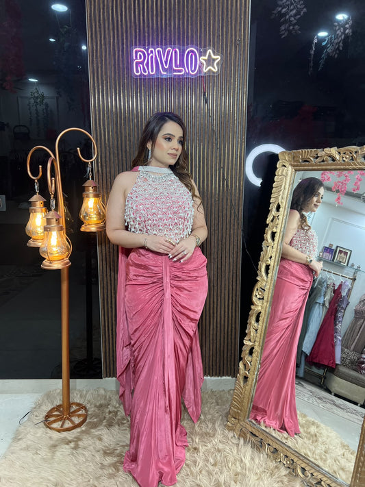 Sage Green , Ivory & Pink Draped Ruched Saree Set RC672