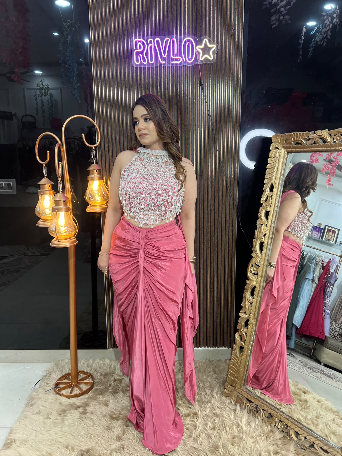 Sage Green , Ivory & Pink Draped Ruched Saree Set RC672