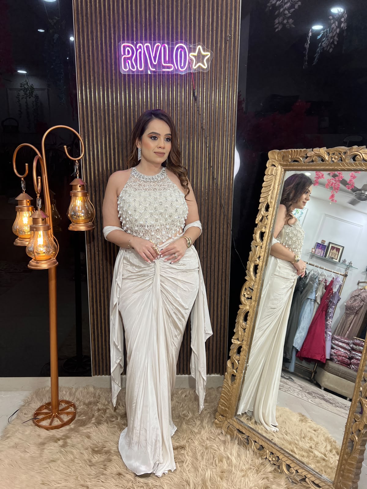 Sage Green , Ivory & Pink Draped Ruched Saree Set RC672