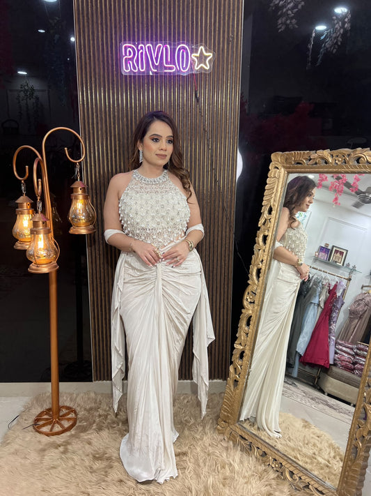 Sage Green , Ivory & Pink Draped Ruched Saree Set RC672
