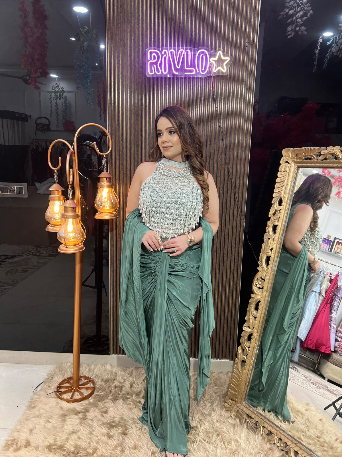 Sage Green , Ivory & Pink Draped Ruched Saree Set RC672