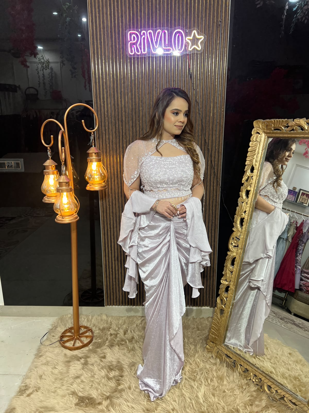Copper , Pink & Golden Glamour – Embellished Draped Co-Ord Set RC673