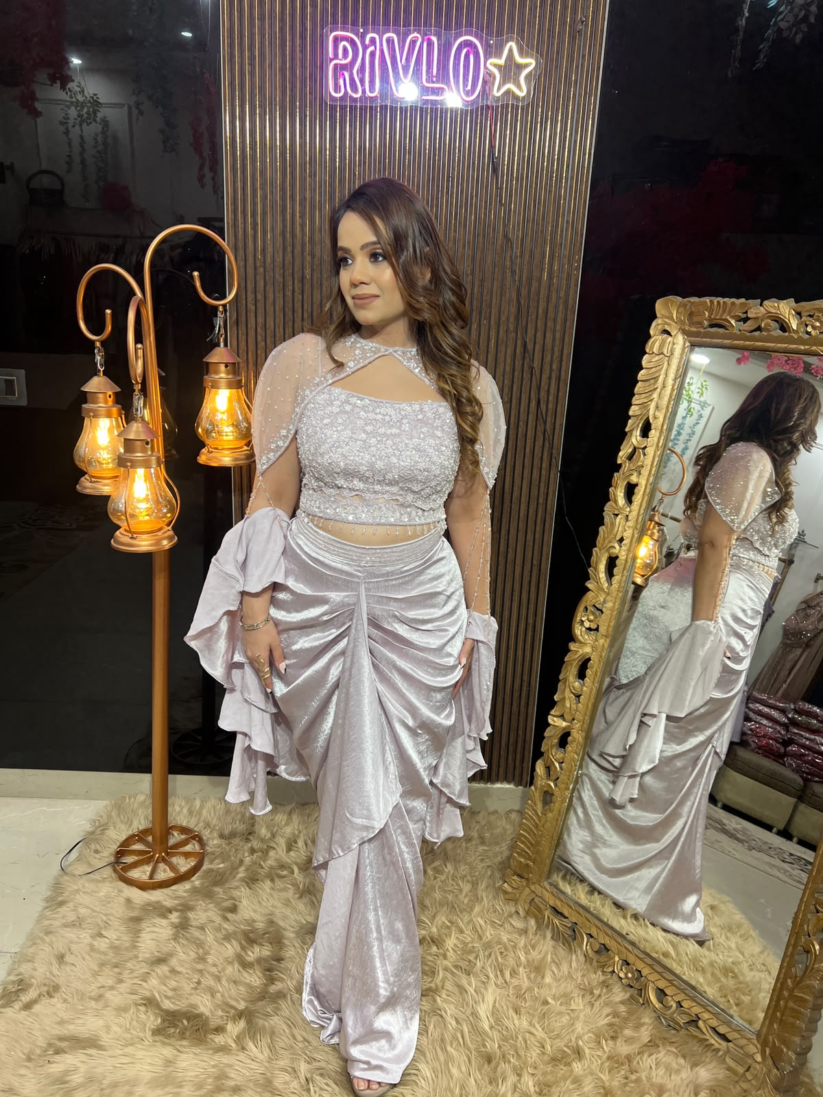 Copper , Pink & Golden Glamour – Embellished Draped Co-Ord Set RC673