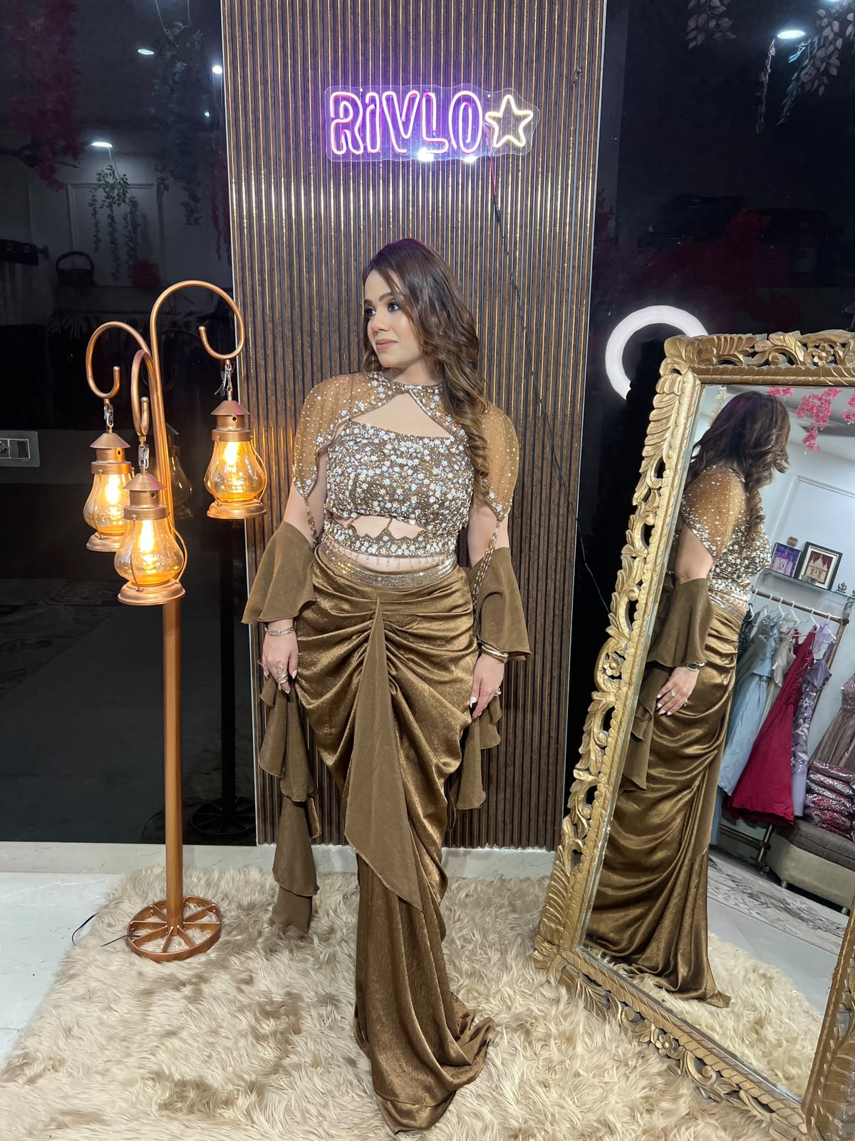 Copper , Pink & Golden Glamour – Embellished Draped Co-Ord Set RC673