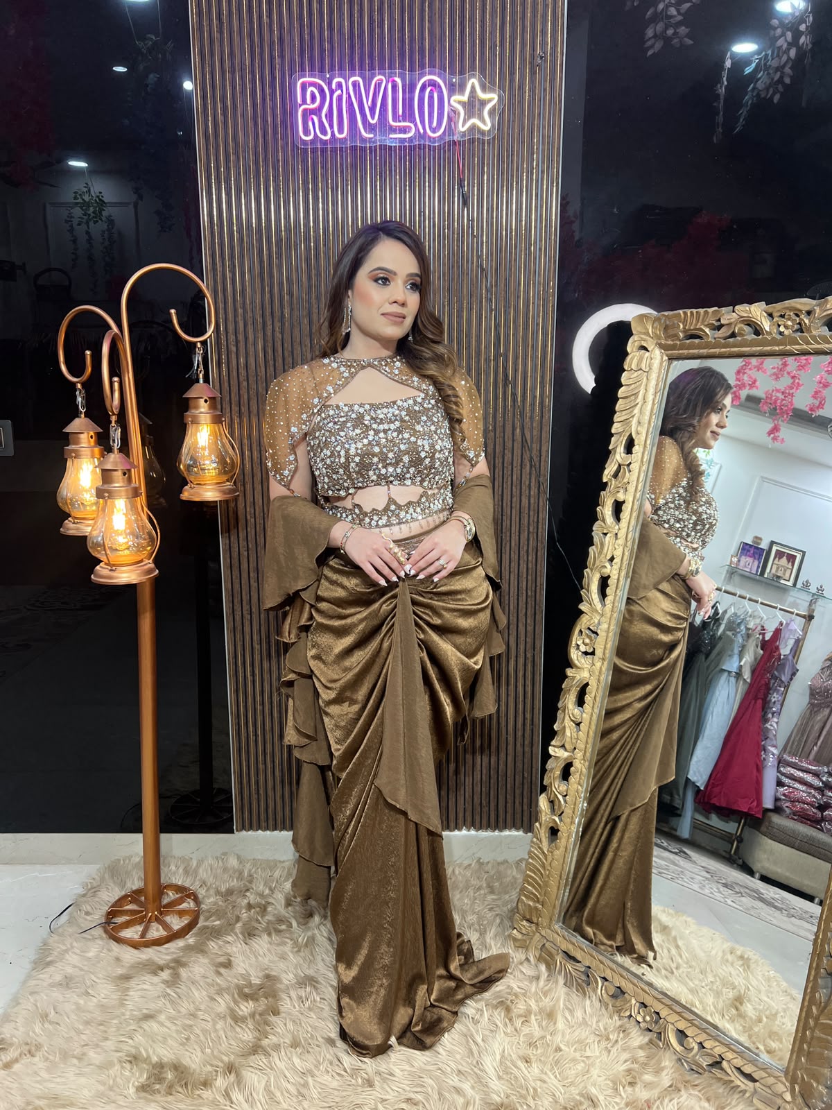 Copper , Pink & Golden Glamour – Embellished Draped Co-Ord Set RC673
