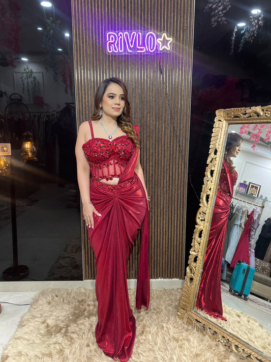 Ruby Radiance & Black Heavy Blouse Draped Saree RC674