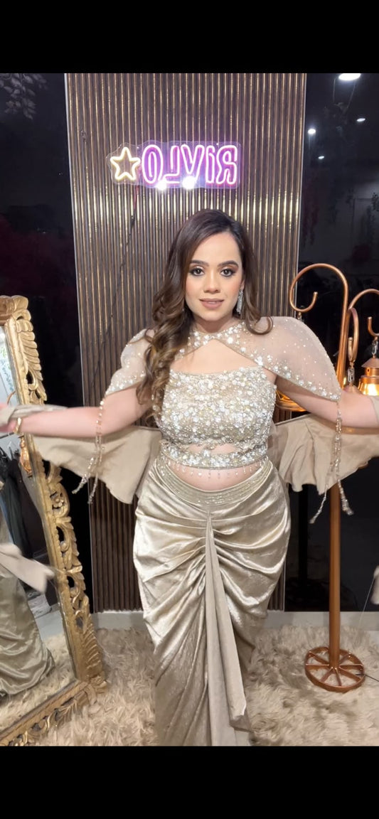 Copper , Pink & Golden Glamour – Embellished Draped Co-Ord Set RC673