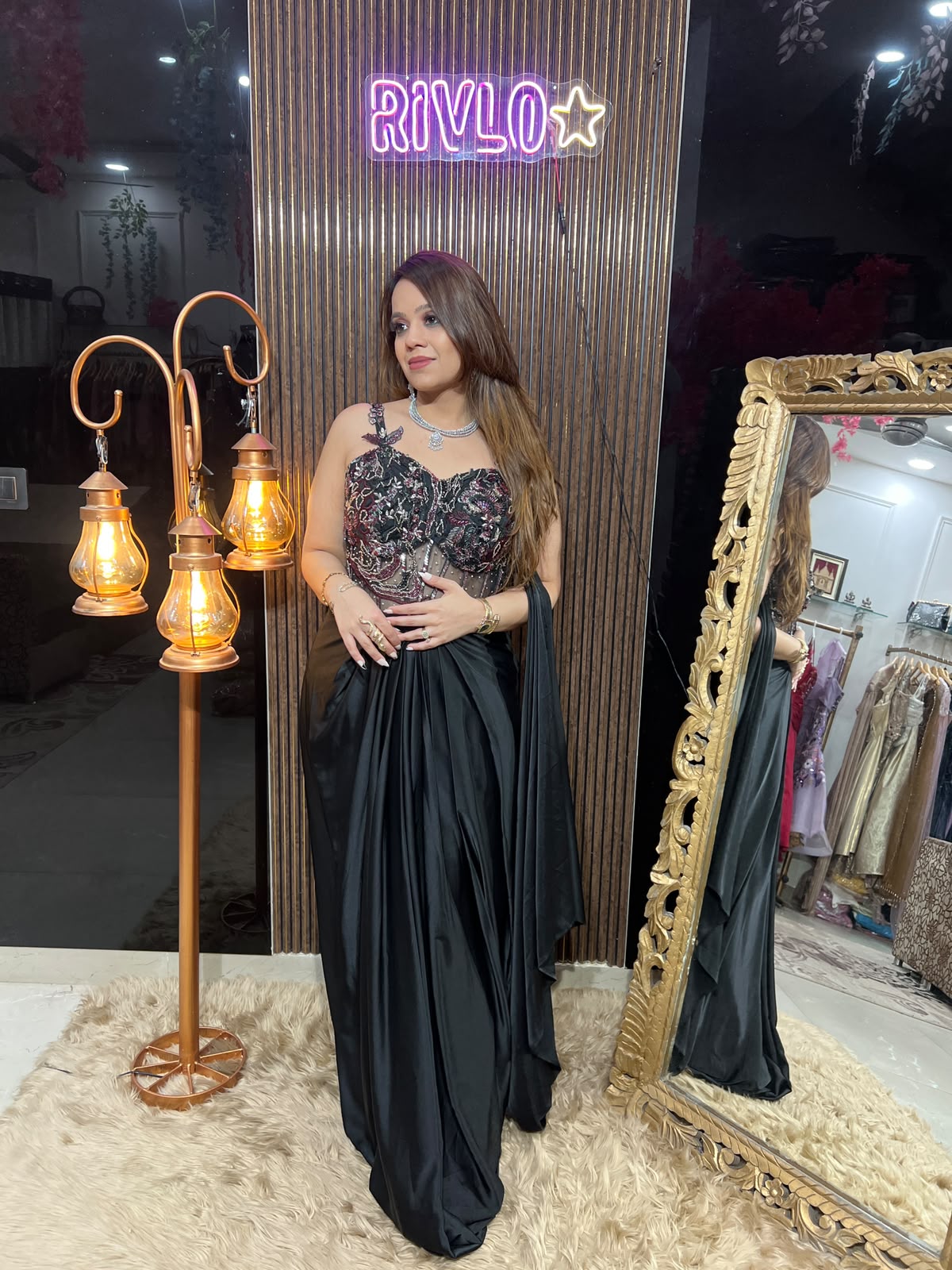 Black, Champagne, onion & purple Embellished Corset Gown RC676