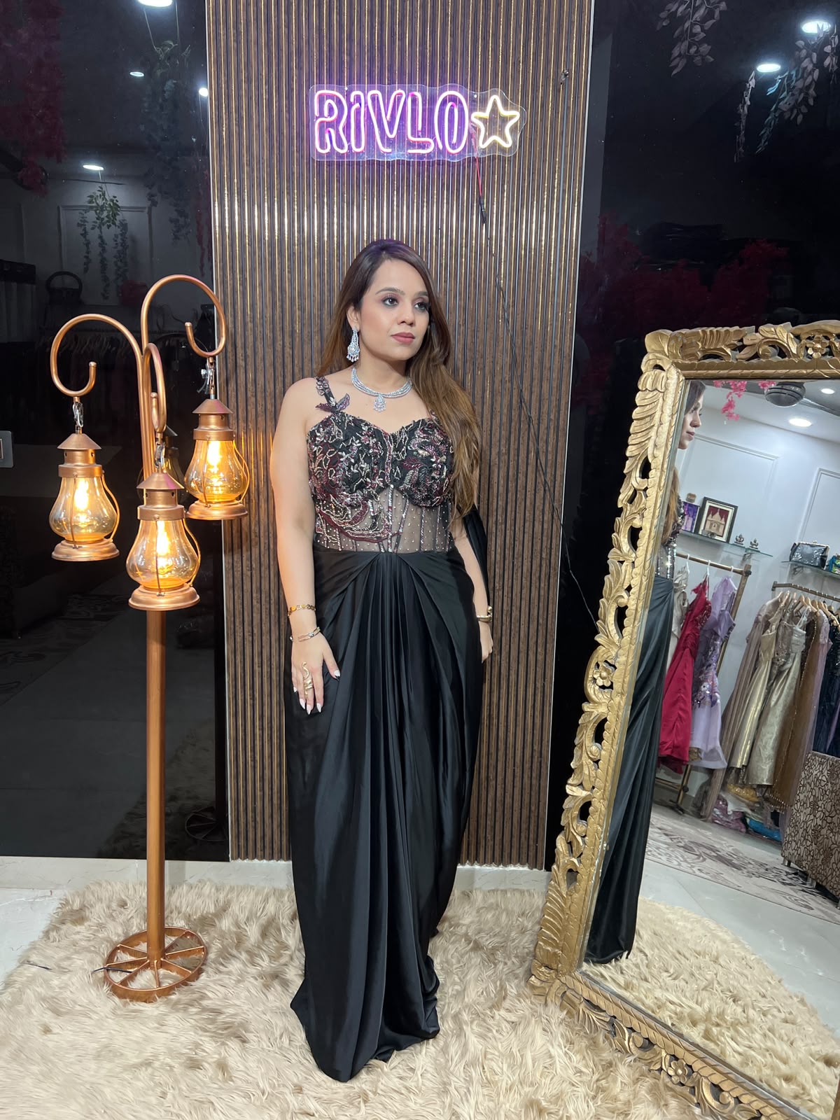 Black, Champagne, onion & purple Embellished Corset Gown RC676
