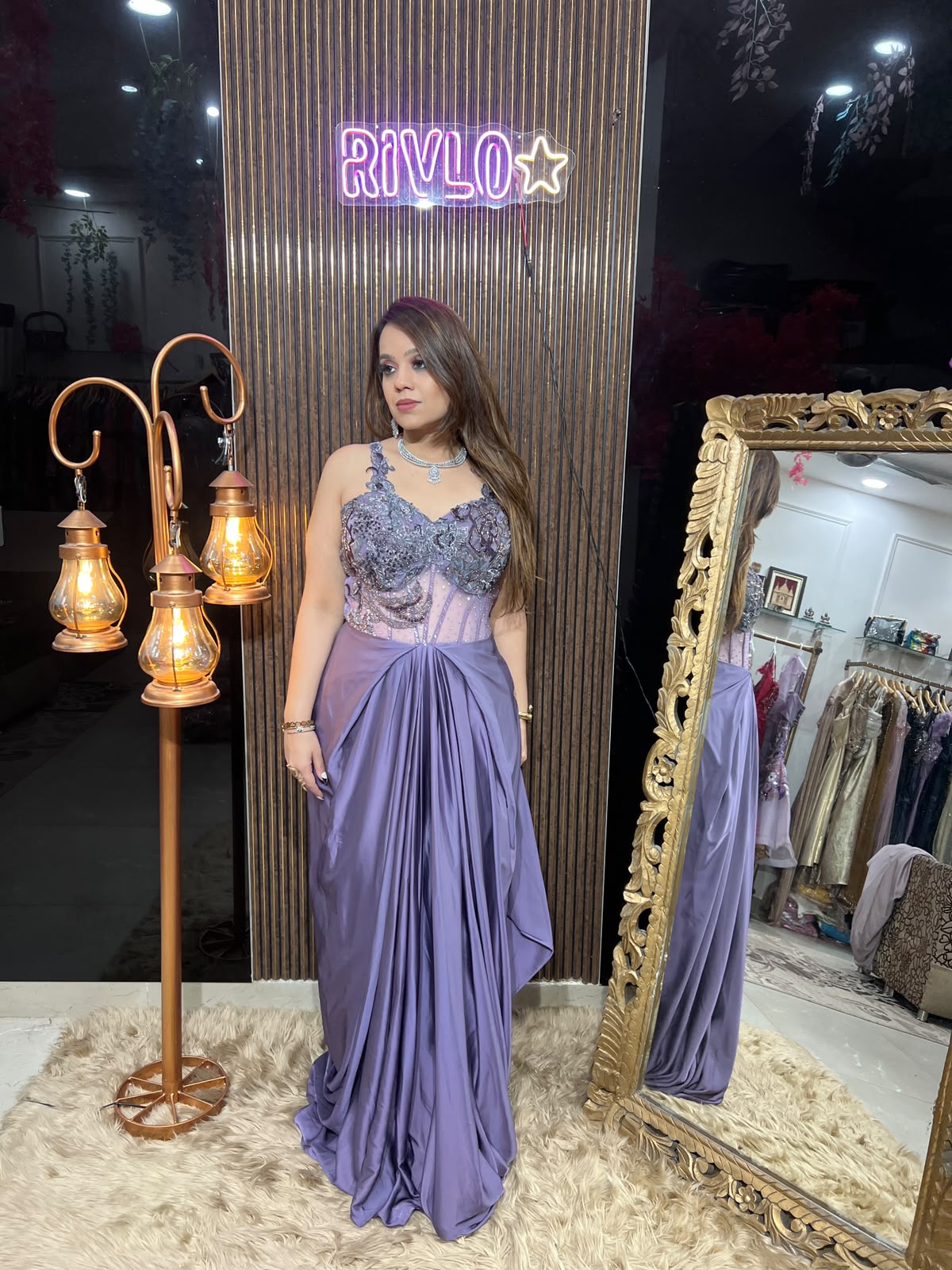 Black, Champagne, onion & purple Embellished Corset Gown RC676