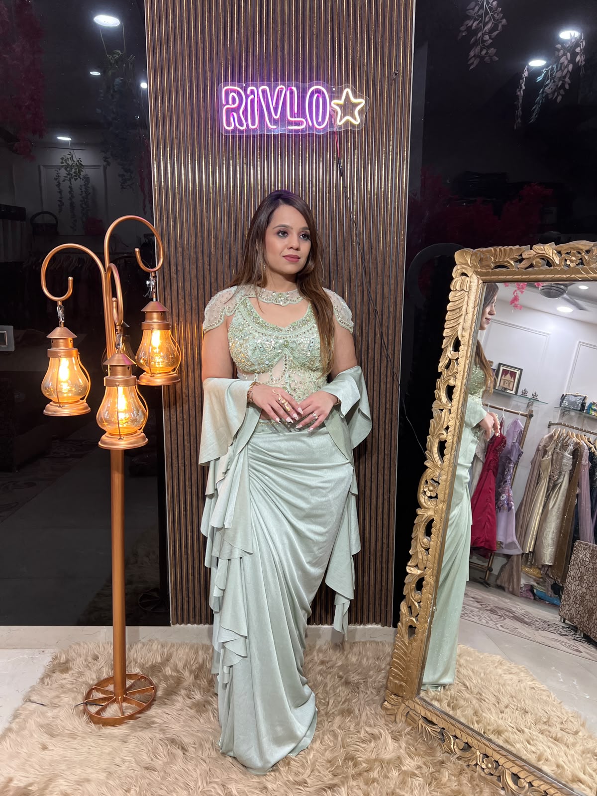 Mint & Ivory Luxe – Embellished Indo-Western Cape Set  AC139