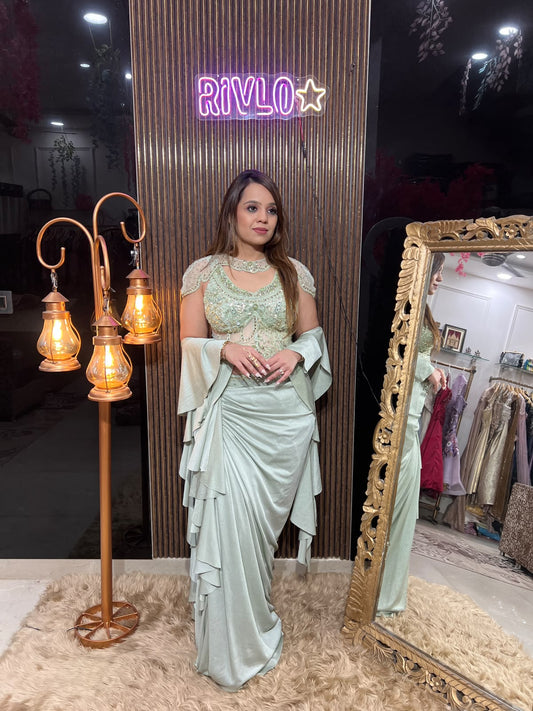 Mint & Ivory Luxe – Embellished Indo-Western Cape Set  AC139