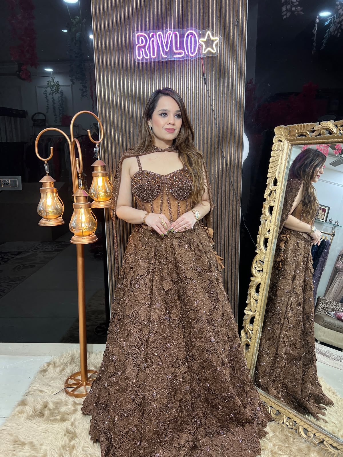 Chocolate Brown Embellished Cape + Corset Lehenga Set AC142