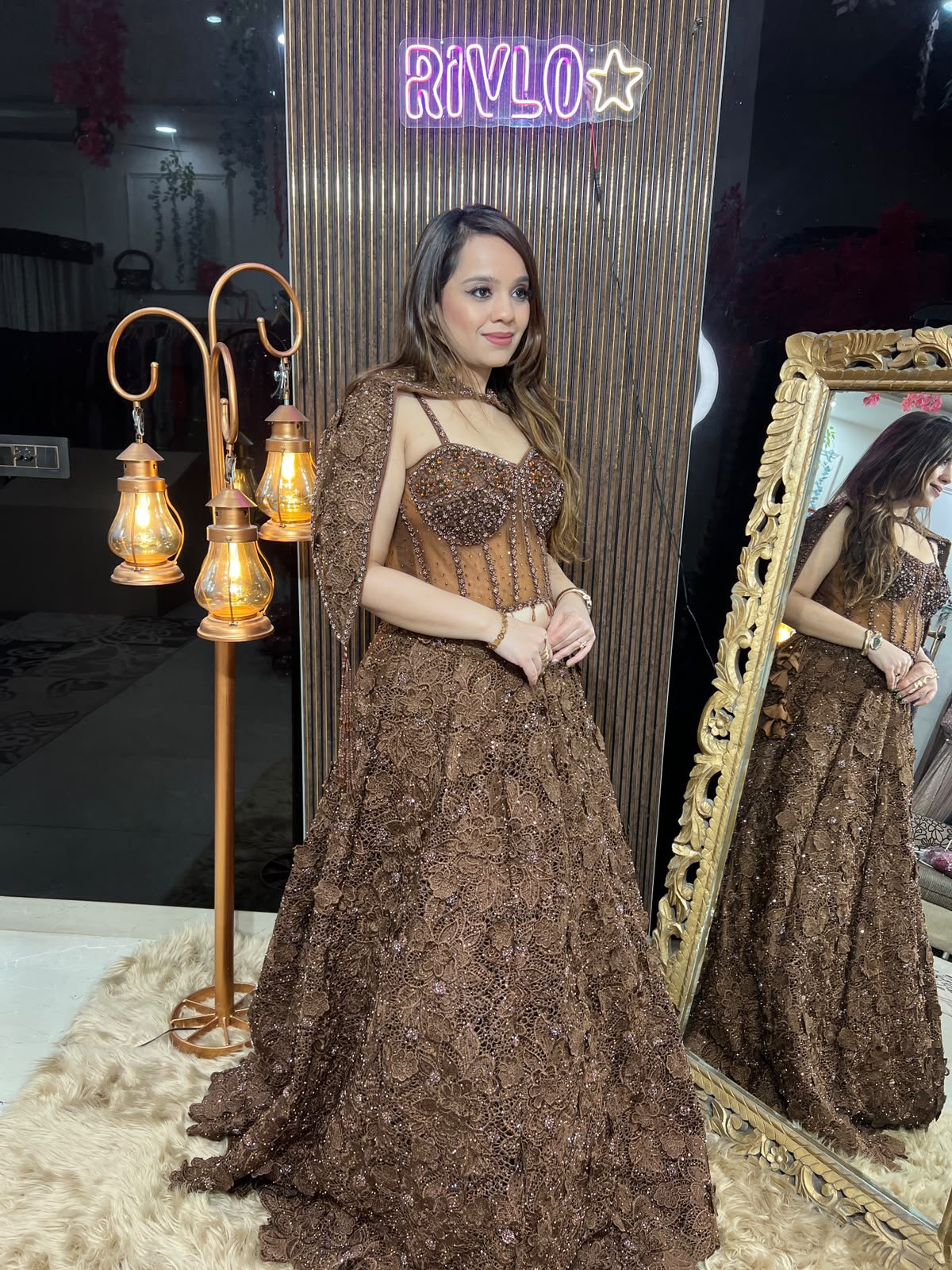 Chocolate Brown Embellished Cape + Corset Lehenga Set AC142