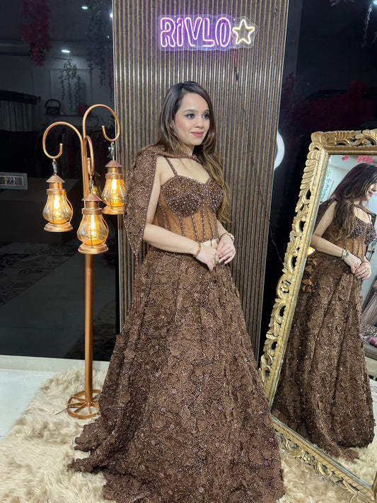 Chocolate Brown Embellished Cape + Corset Lehenga Set AC142