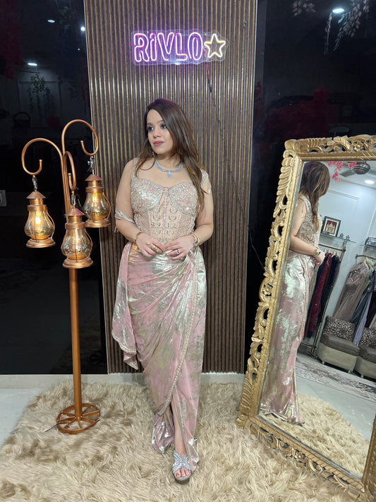Pink & Ivory  Blush Shimmer Drape  Gown AC144