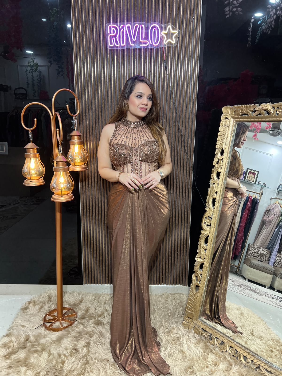 Bronze Goddess Embellished Draped Gown AC143