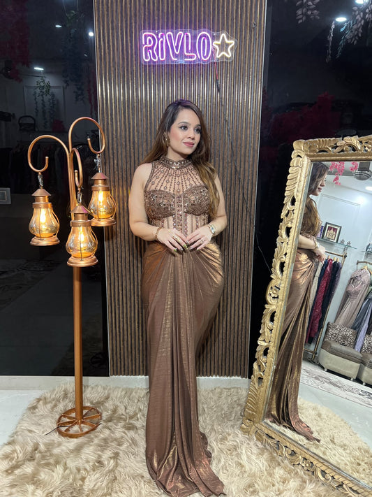 Bronze Goddess Embellished Draped Gown AC143
