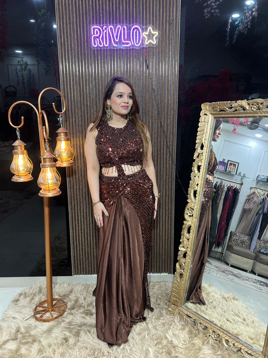 Olive & Choco Luxe Embellished Draped Saree RC683