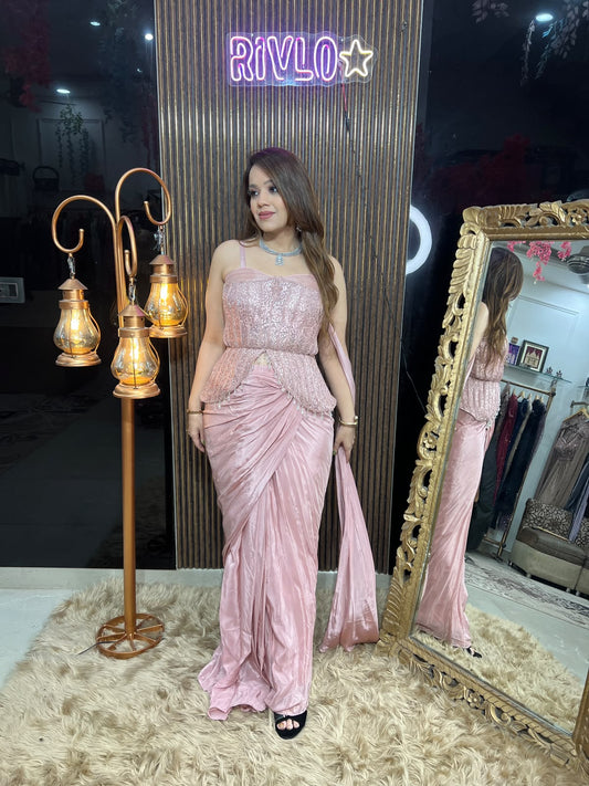 Blush Pink, Beige & Black Embellished Peplum Draped Saree Set RC679